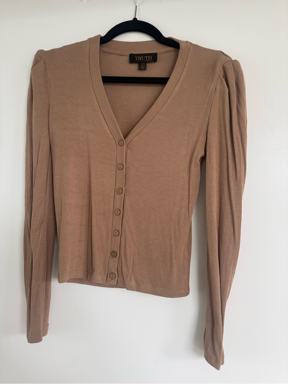 TRUTH Tan Ribbed Button-Front V-Neck Top